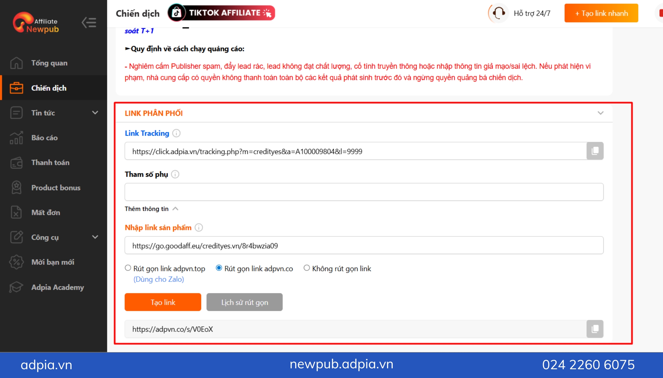 Tạo link giới thiệu tải App (Link Affiliate)